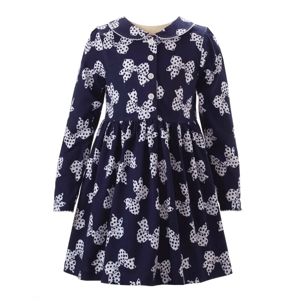 New! Rachel Riley navy cotton polka dot bow dress